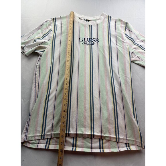 Guess Originals Shirt Mens Medium Green Striped Embroidered Logo Tee  Y2K - Picture 2 of 5